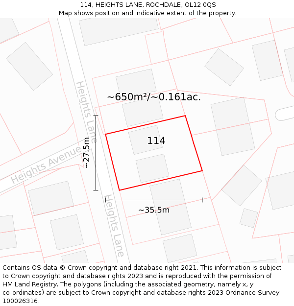 114, HEIGHTS LANE, ROCHDALE, OL12 0QS: Plot and title map