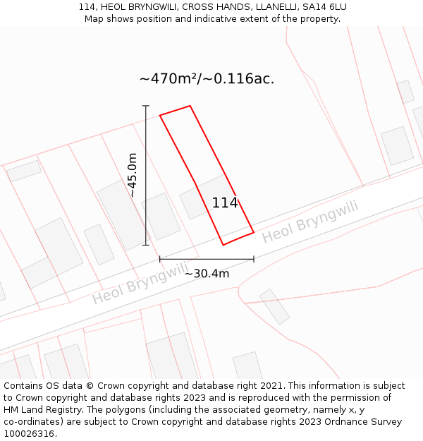 114, HEOL BRYNGWILI, CROSS HANDS, LLANELLI, SA14 6LU: Plot and title map