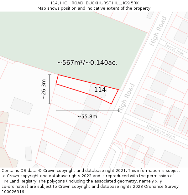 114, HIGH ROAD, BUCKHURST HILL, IG9 5RX: Plot and title map