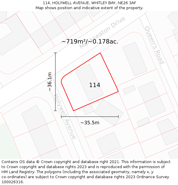 114, HOLYWELL AVENUE, WHITLEY BAY, NE26 3AF: Plot and title map