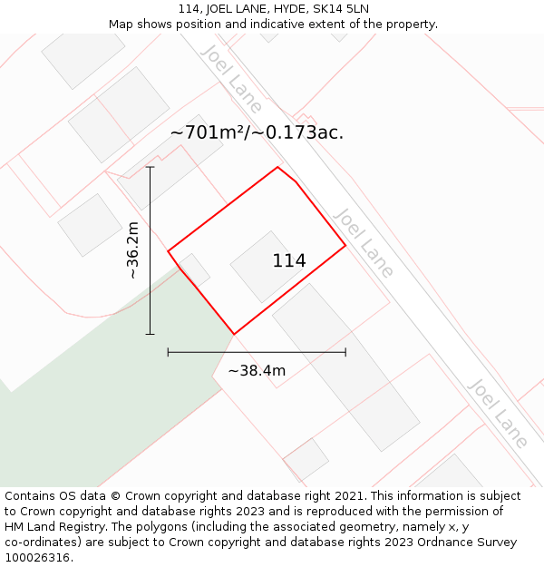 114, JOEL LANE, HYDE, SK14 5LN: Plot and title map