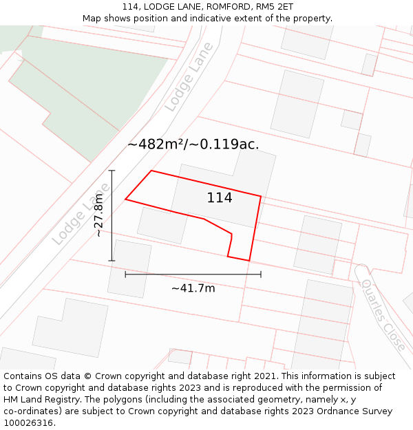114, LODGE LANE, ROMFORD, RM5 2ET: Plot and title map