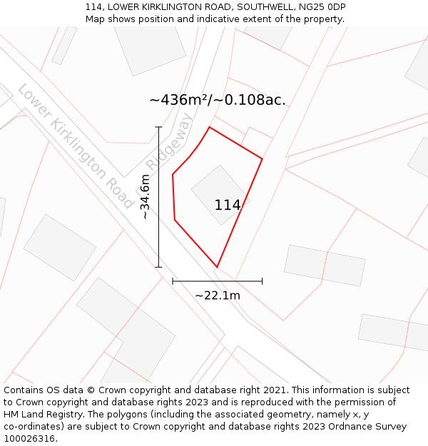 114, LOWER KIRKLINGTON ROAD, SOUTHWELL, NG25 0DP: Plot and title map