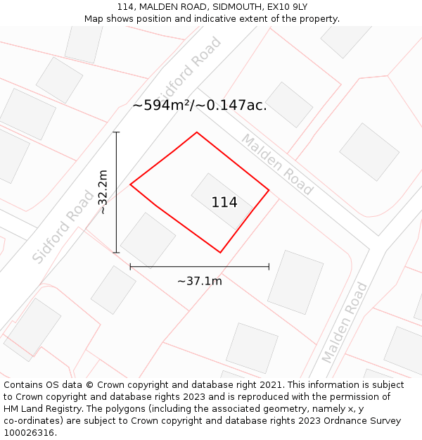 114, MALDEN ROAD, SIDMOUTH, EX10 9LY: Plot and title map