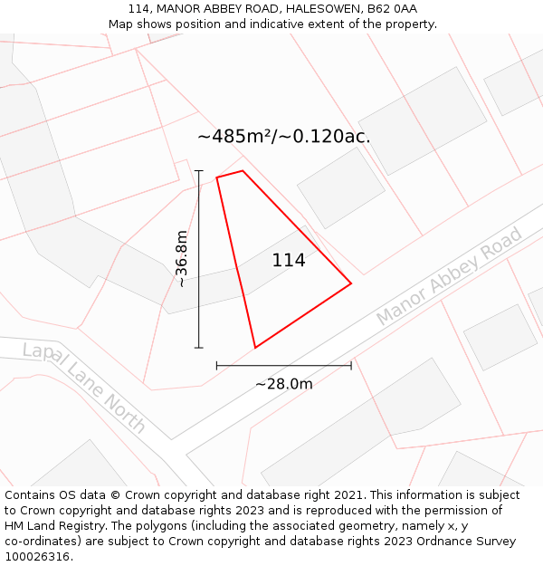 114, MANOR ABBEY ROAD, HALESOWEN, B62 0AA: Plot and title map