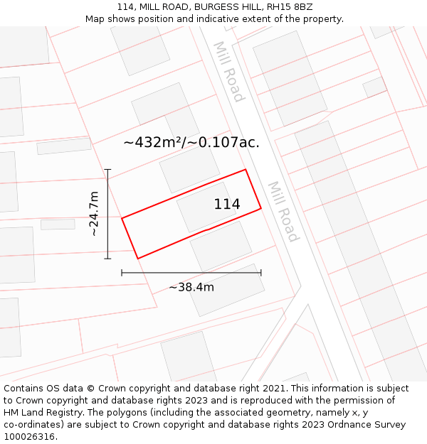 114, MILL ROAD, BURGESS HILL, RH15 8BZ: Plot and title map