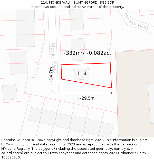 114, MONKS WALK, BUNTINGFORD, SG9 9DP: Plot and title map