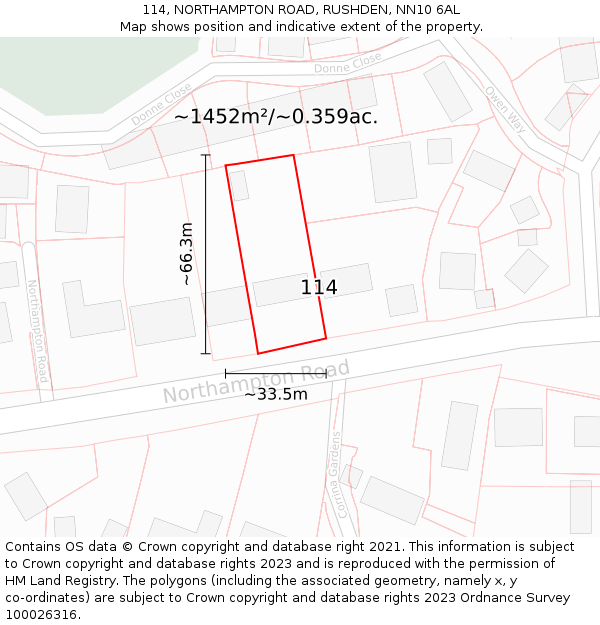114, NORTHAMPTON ROAD, RUSHDEN, NN10 6AL: Plot and title map
