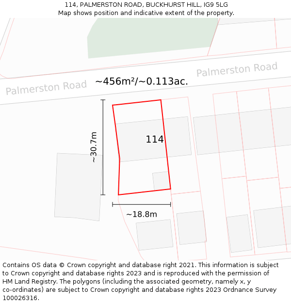 114, PALMERSTON ROAD, BUCKHURST HILL, IG9 5LG: Plot and title map