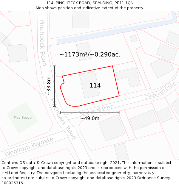 114, PINCHBECK ROAD, SPALDING, PE11 1QN: Plot and title map