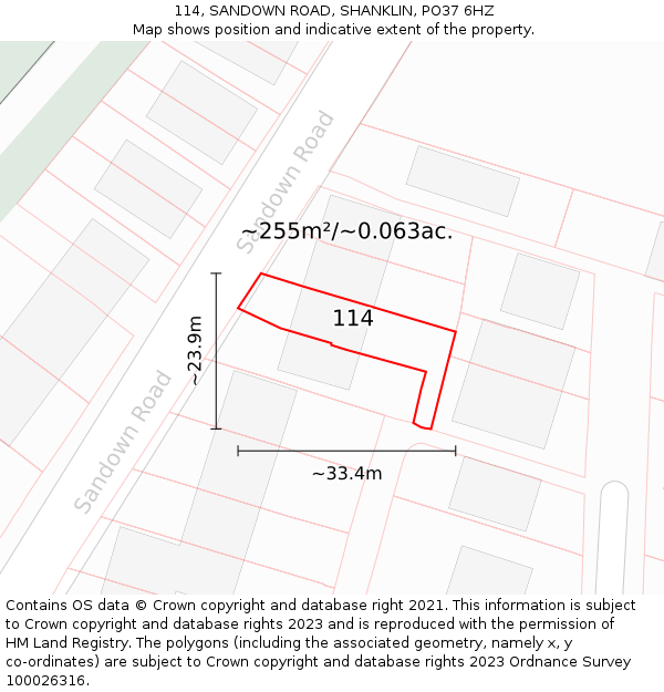 114, SANDOWN ROAD, SHANKLIN, PO37 6HZ: Plot and title map