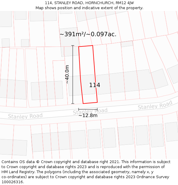 114, STANLEY ROAD, HORNCHURCH, RM12 4JW: Plot and title map