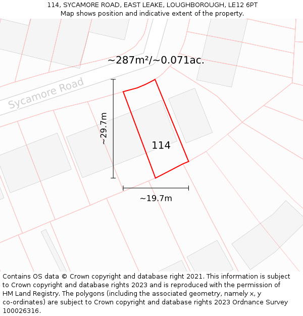 114, SYCAMORE ROAD, EAST LEAKE, LOUGHBOROUGH, LE12 6PT: Plot and title map