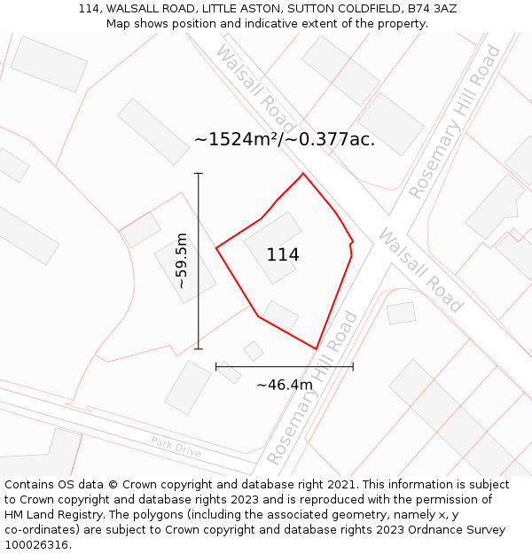 114, WALSALL ROAD, LITTLE ASTON, SUTTON COLDFIELD, B74 3AZ: Plot and title map