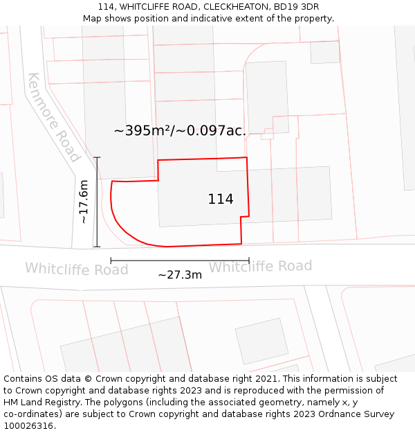 114, WHITCLIFFE ROAD, CLECKHEATON, BD19 3DR: Plot and title map