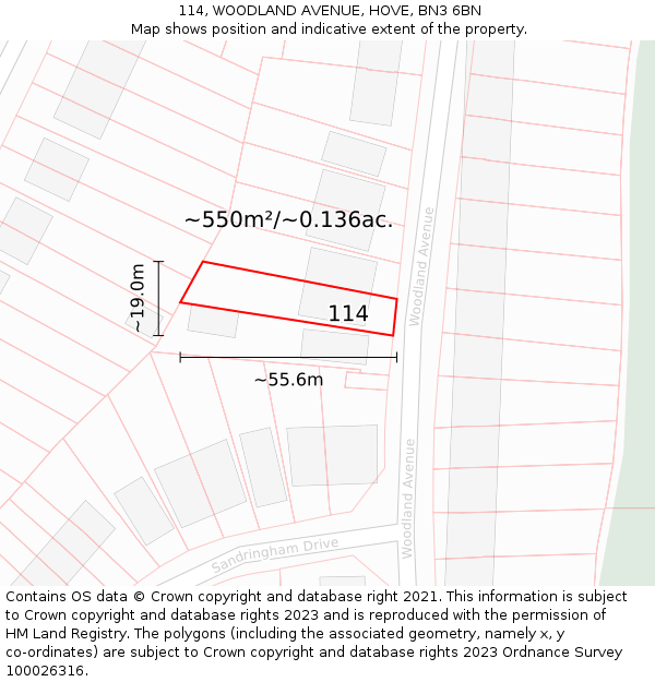 114, WOODLAND AVENUE, HOVE, BN3 6BN: Plot and title map