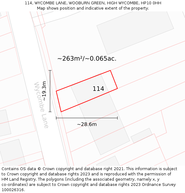 114, WYCOMBE LANE, WOOBURN GREEN, HIGH WYCOMBE, HP10 0HH: Plot and title map