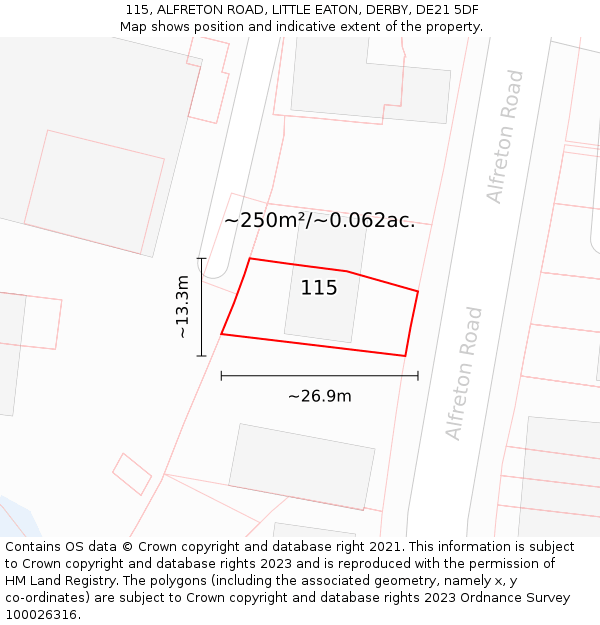 115, ALFRETON ROAD, LITTLE EATON, DERBY, DE21 5DF: Plot and title map