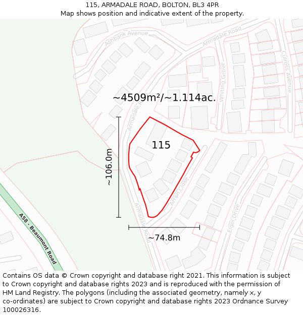 115, ARMADALE ROAD, BOLTON, BL3 4PR: Plot and title map