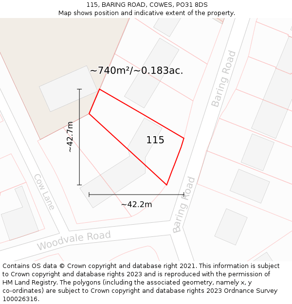 115, BARING ROAD, COWES, PO31 8DS: Plot and title map