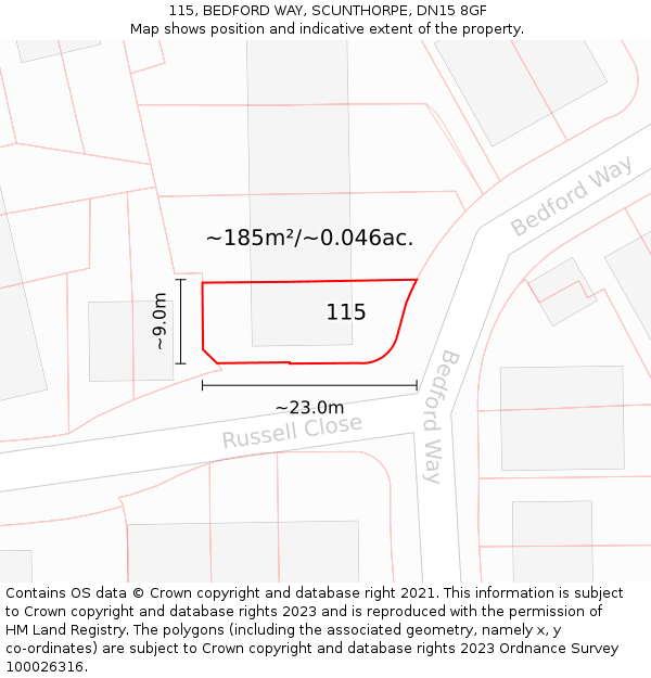 115, BEDFORD WAY, SCUNTHORPE, DN15 8GF: Plot and title map