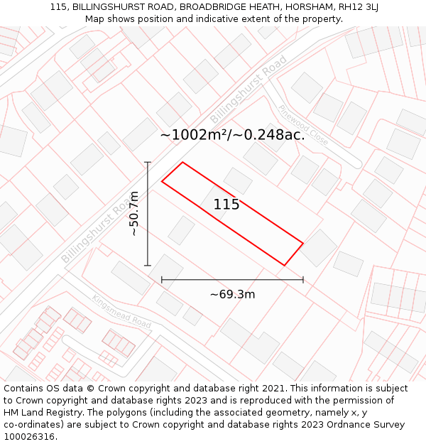 115, BILLINGSHURST ROAD, BROADBRIDGE HEATH, HORSHAM, RH12 3LJ: Plot and title map