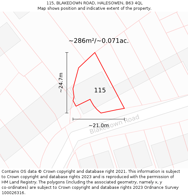 115, BLAKEDOWN ROAD, HALESOWEN, B63 4QL: Plot and title map