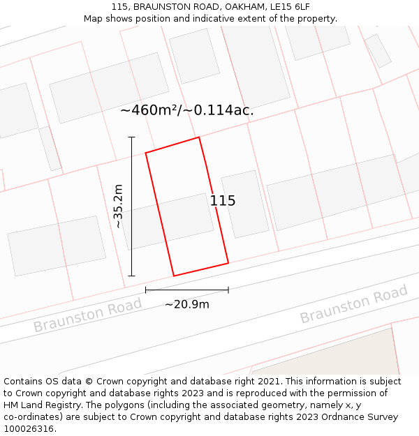 115, BRAUNSTON ROAD, OAKHAM, LE15 6LF: Plot and title map