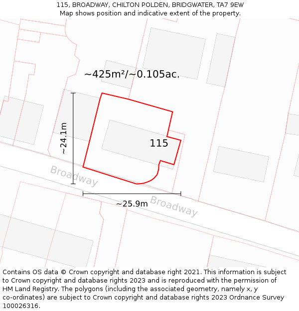 115, BROADWAY, CHILTON POLDEN, BRIDGWATER, TA7 9EW: Plot and title map