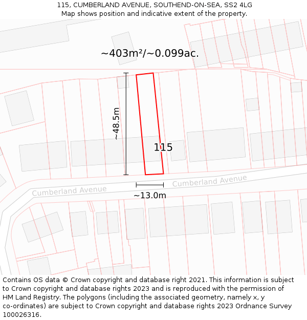 115, CUMBERLAND AVENUE, SOUTHEND-ON-SEA, SS2 4LG: Plot and title map