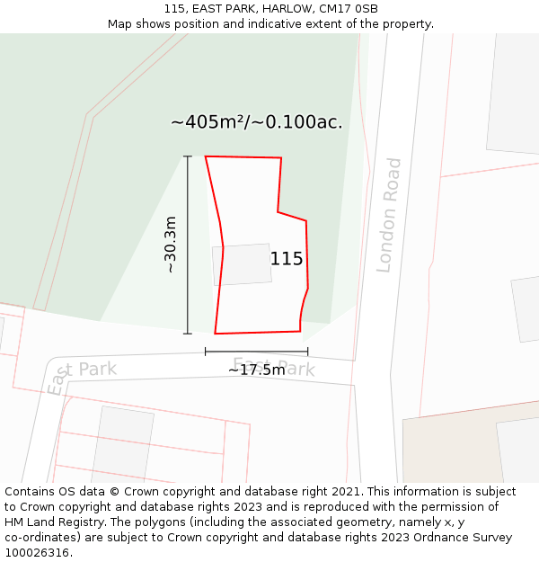 115, EAST PARK, HARLOW, CM17 0SB: Plot and title map