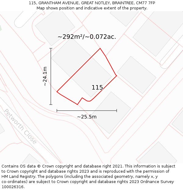 115, GRANTHAM AVENUE, GREAT NOTLEY, BRAINTREE, CM77 7FP: Plot and title map