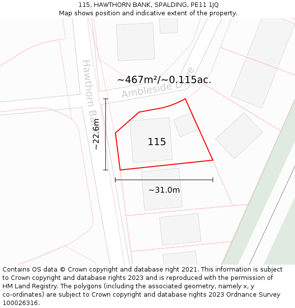 115, HAWTHORN BANK, SPALDING, PE11 1JQ: Plot and title map