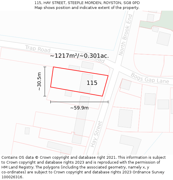 115, HAY STREET, STEEPLE MORDEN, ROYSTON, SG8 0PD: Plot and title map
