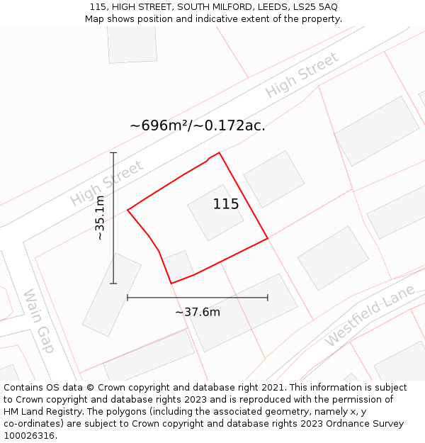 115, HIGH STREET, SOUTH MILFORD, LEEDS, LS25 5AQ: Plot and title map