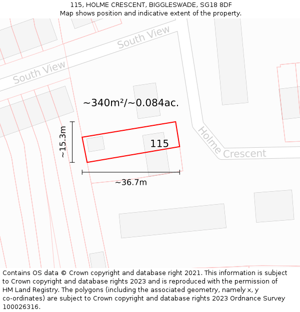 115, HOLME CRESCENT, BIGGLESWADE, SG18 8DF: Plot and title map