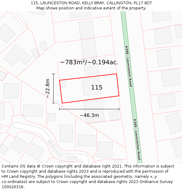 115, LAUNCESTON ROAD, KELLY BRAY, CALLINGTON, PL17 8DT: Plot and title map