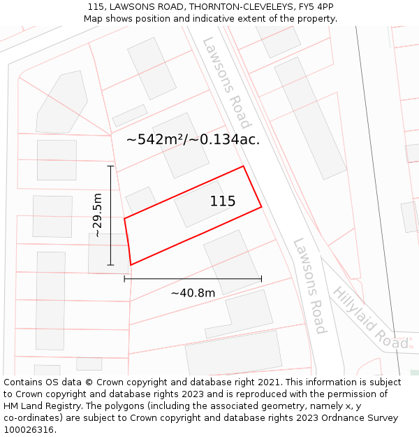 115, LAWSONS ROAD, THORNTON-CLEVELEYS, FY5 4PP: Plot and title map