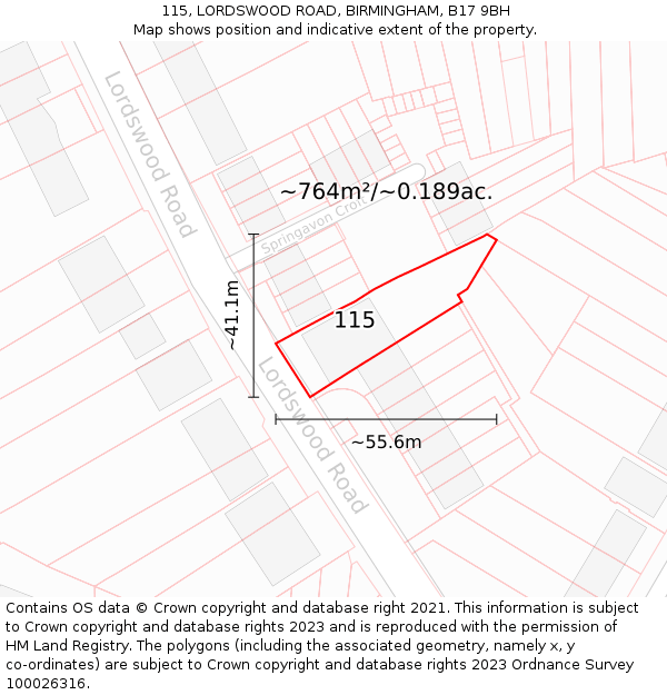 115, LORDSWOOD ROAD, BIRMINGHAM, B17 9BH: Plot and title map