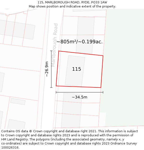 115, MARLBOROUGH ROAD, RYDE, PO33 1AW: Plot and title map