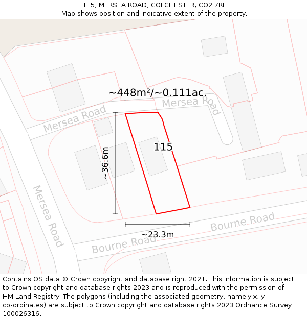 115, MERSEA ROAD, COLCHESTER, CO2 7RL: Plot and title map