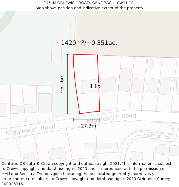 115, MIDDLEWICH ROAD, SANDBACH, CW11 1FH: Plot and title map