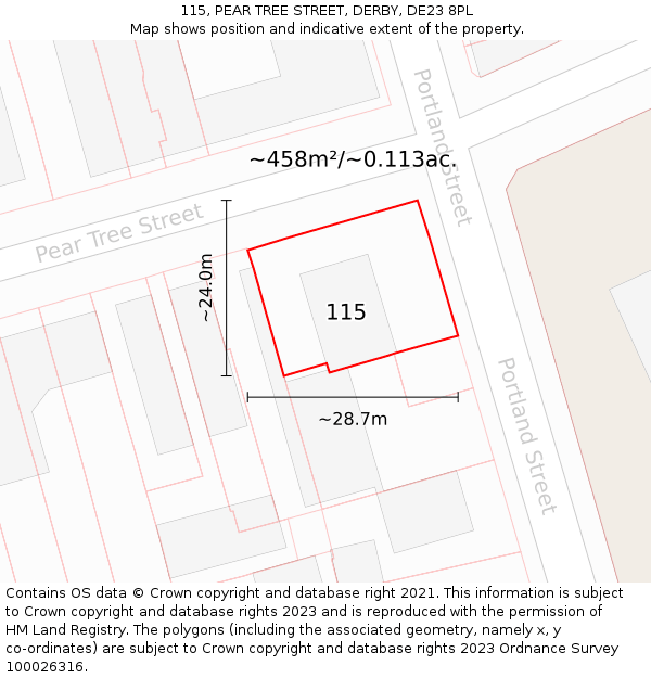 115, PEAR TREE STREET, DERBY, DE23 8PL: Plot and title map