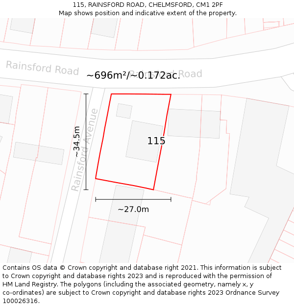 115, RAINSFORD ROAD, CHELMSFORD, CM1 2PF: Plot and title map