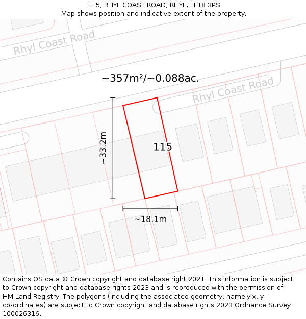 115, RHYL COAST ROAD, RHYL, LL18 3PS: Plot and title map