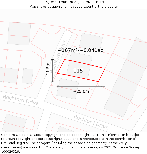 115, ROCHFORD DRIVE, LUTON, LU2 8ST: Plot and title map