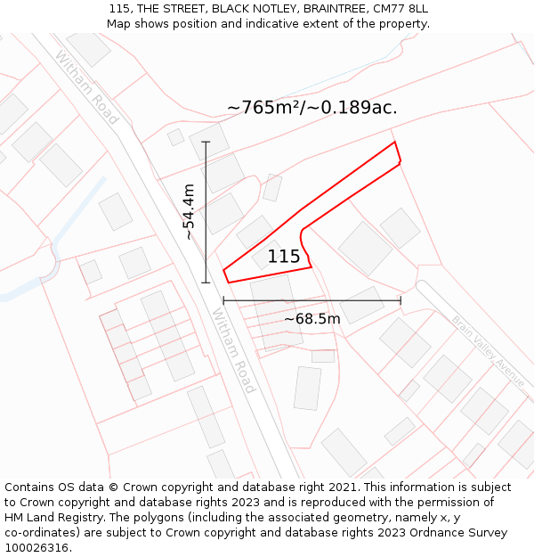 115, THE STREET, BLACK NOTLEY, BRAINTREE, CM77 8LL: Plot and title map