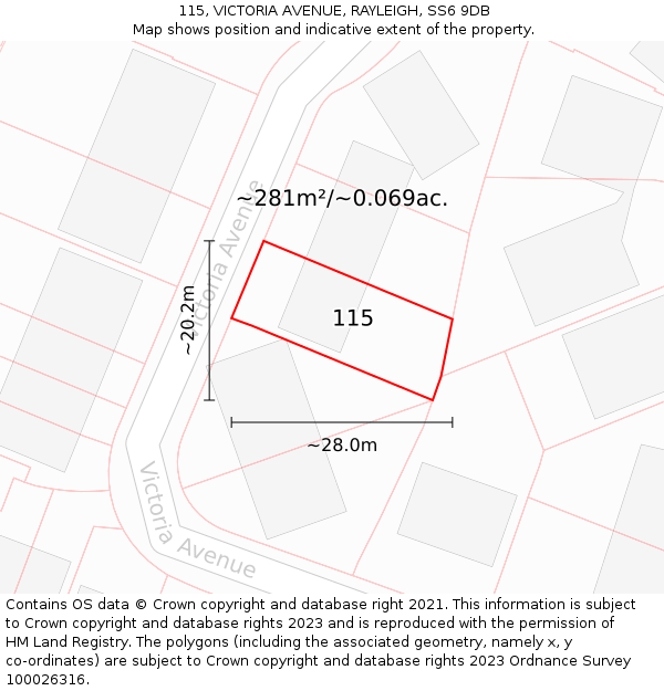 115, VICTORIA AVENUE, RAYLEIGH, SS6 9DB: Plot and title map