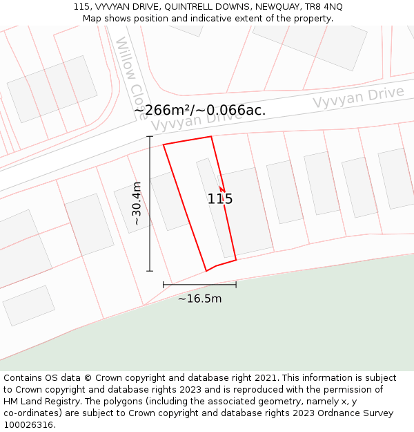 115, VYVYAN DRIVE, QUINTRELL DOWNS, NEWQUAY, TR8 4NQ: Plot and title map