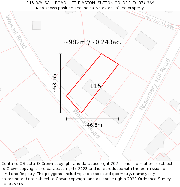 115, WALSALL ROAD, LITTLE ASTON, SUTTON COLDFIELD, B74 3AY: Plot and title map